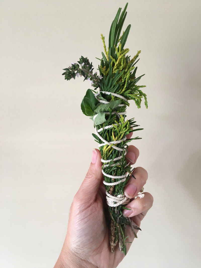 hand holding bundle of herbs